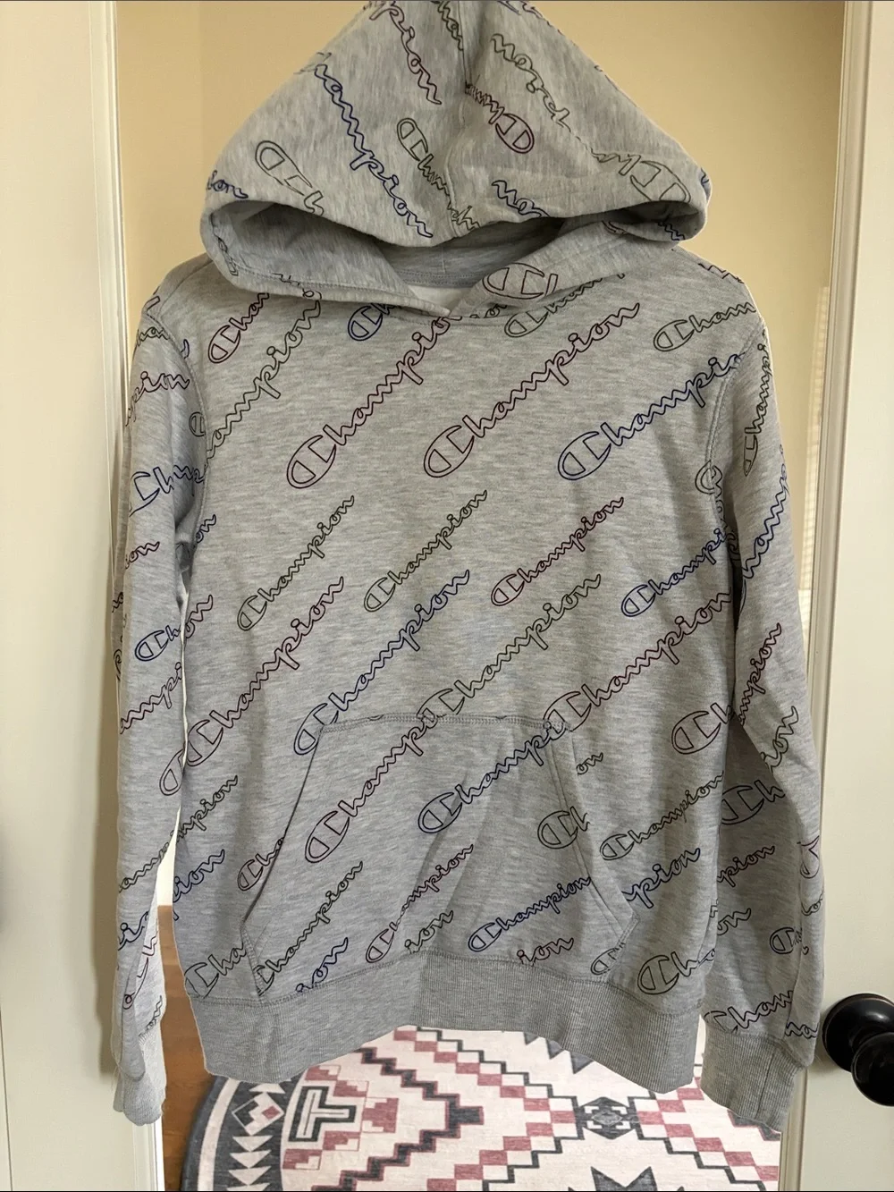 Champion Gray Zip-Up Hoodie with Multicolor Logo Outline